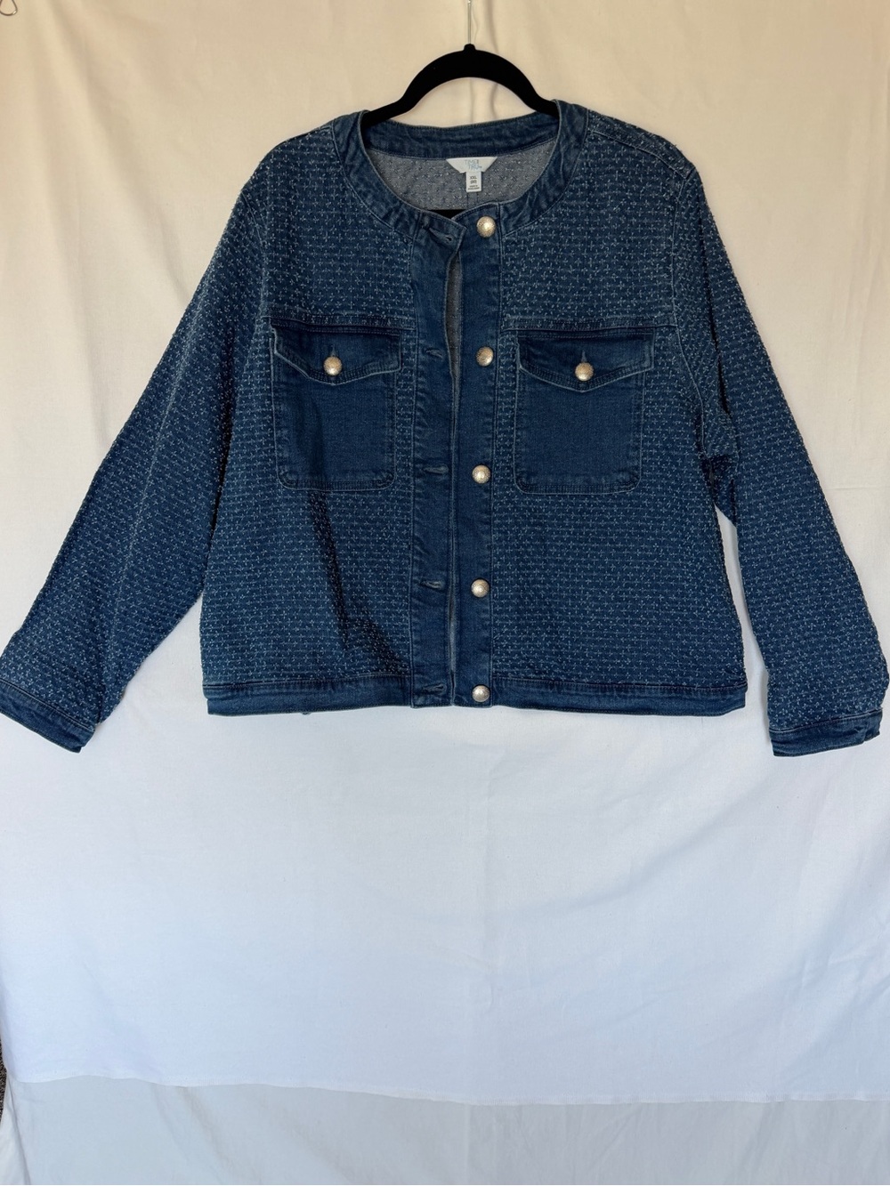 Time and Tru Dark Blue Textured Button-Front Jean Jacket